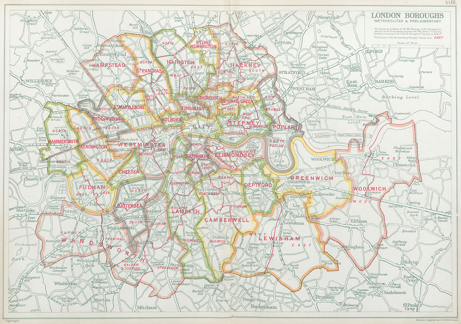 LONDON BOROUGHS. Metropolitan & Parliamentary. Constituencies. BACON 1920 map